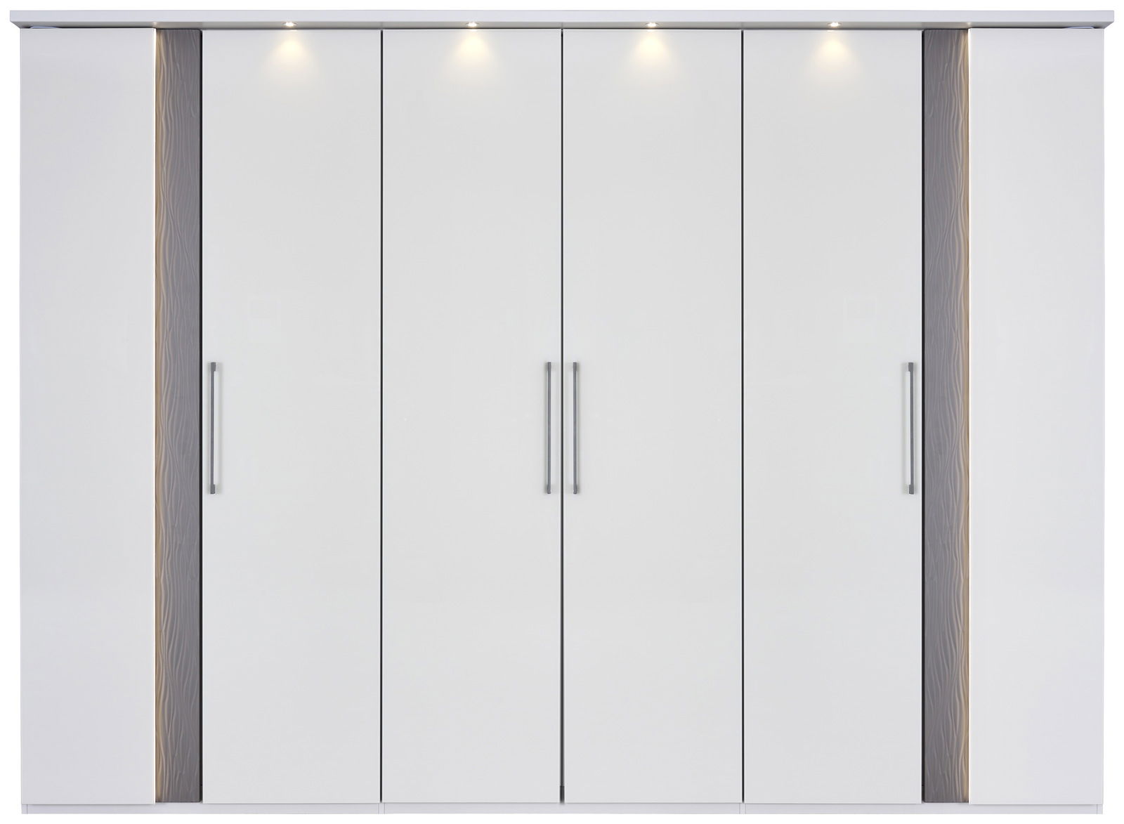 Sechs-türiger Drehtürenschrank in Weiß mit modernen Griffen und integrierter Beleuchtung, Frontalansicht.