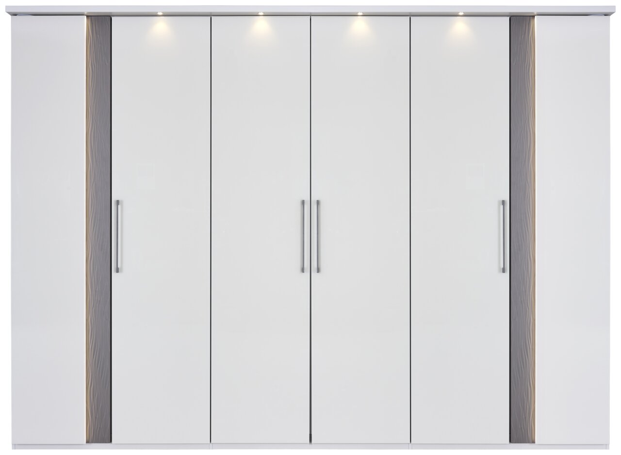 Sechs-türiger Drehtürenschrank in Weiß mit modernen Griffen und integrierter Beleuchtung, Frontalansicht.