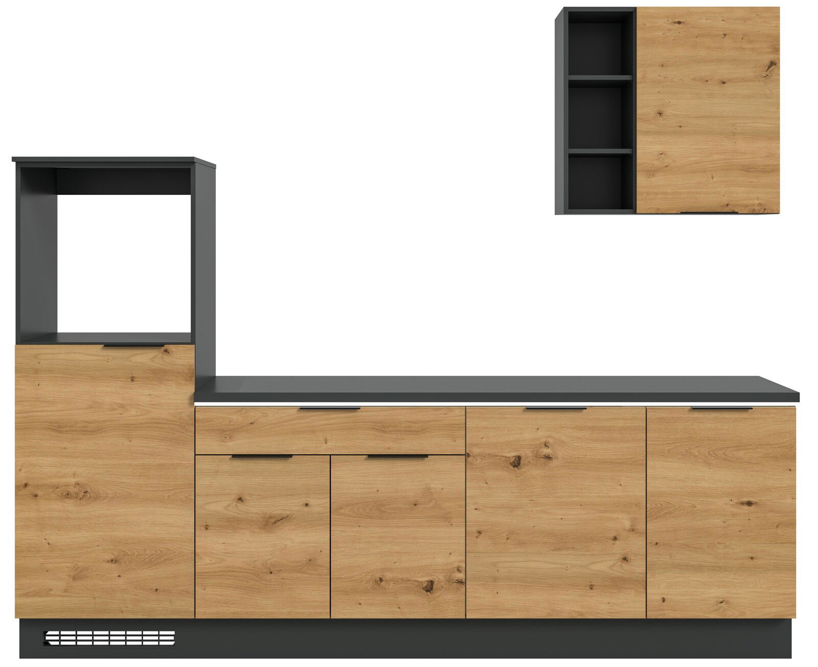 Küchenblock 260 in Holzoptik mit grauer Arbeitsplatte, Frontansicht