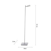Staande lamp PURE-MIRA in zijaanzicht, met een slank, modern ontwerp, 131 cm hoog, met een rechthoekige voet en een verstelbare lampkop.