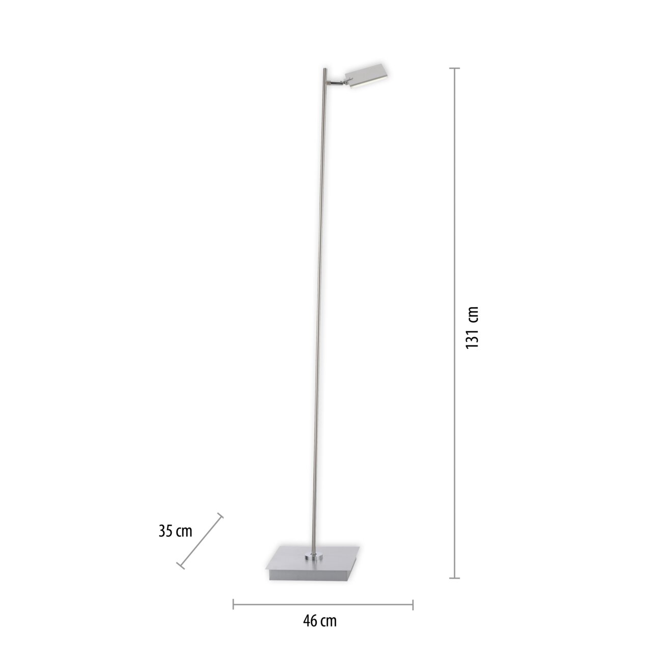 Staande lamp PURE-MIRA in zijaanzicht, met een slank, modern ontwerp, 131 cm hoog, met een rechthoekige voet en een verstelbare lampkop.