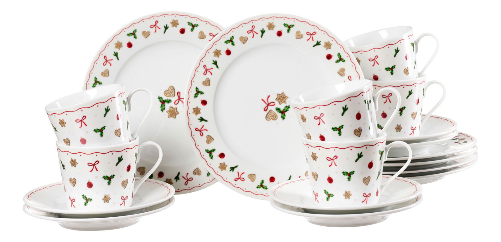 Ritzenhoff & Breker Kaffeeservice 18-tlg. LEBKUCHEN Kaffeeservice 18-tlg. mit festlichem Design, bestehend aus Tassen, Untertassen und Tellern, dekoriert mit weihnachtlichen Motiven wie Sternen, Herzen und Schleifen. Perspektive: Frontalansicht.