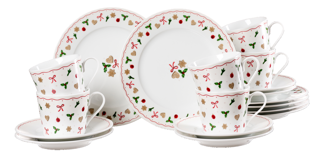 Ritzenhoff & Breker Kaffeeservice 18-tlg. LEBKUCHEN Kaffeeservice 18-tlg. mit festlichem Design, bestehend aus Tassen, Untertassen und Tellern, dekoriert mit weihnachtlichen Motiven wie Sternen, Herzen und Schleifen. Perspektive: Frontalansicht.
