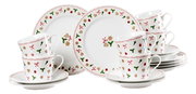 Kaffeeservice 18-tlg. mit festlichem Design, bestehend aus Tassen, Untertassen und Tellern, dekoriert mit weihnachtlichen Motiven wie Sternen, Herzen und Schleifen. Perspektive: Frontalansicht.
