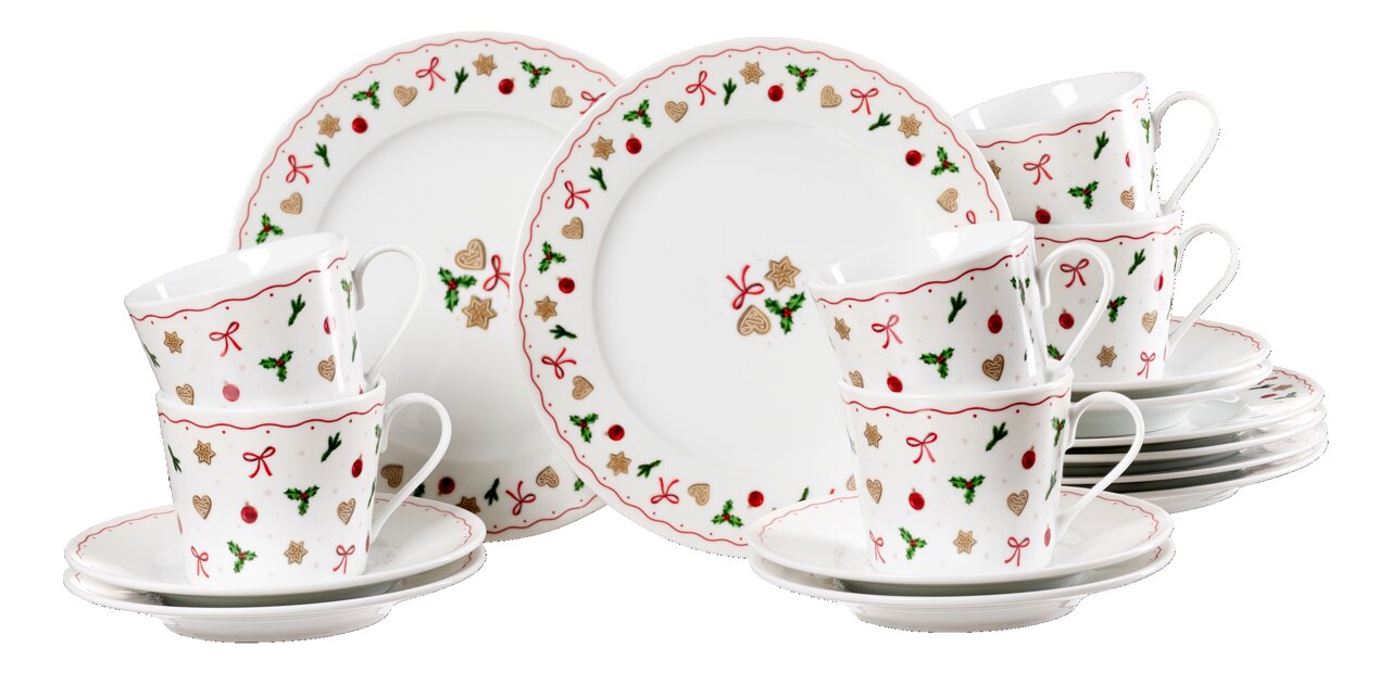 Kaffeeservice 18-tlg. mit festlichem Design, bestehend aus Tassen, Untertassen und Tellern, dekoriert mit weihnachtlichen Motiven wie Sternen, Herzen und Schleifen. Perspektive: Frontalansicht.