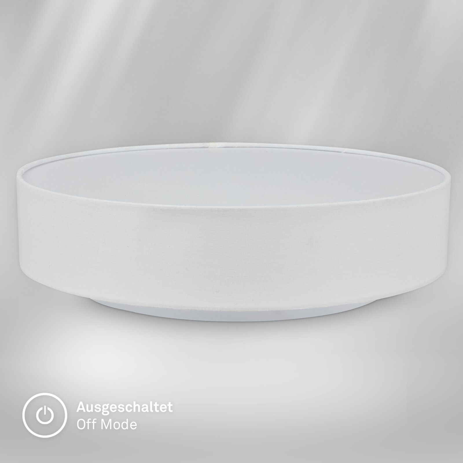 Weiße runde LED-Deckenleuchte im minimalistischen Design, ausgeschaltet, in leichter Draufsicht/Frontansicht auf grauem Hintergrund
