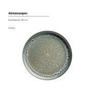 Runder Keramik-Speiseteller mit gesprenkelter grau-beiger Glasur und dunklem Rand, Durchmesser 19,5 cm, 4 Stück, Ansicht von oben (Draufsicht).