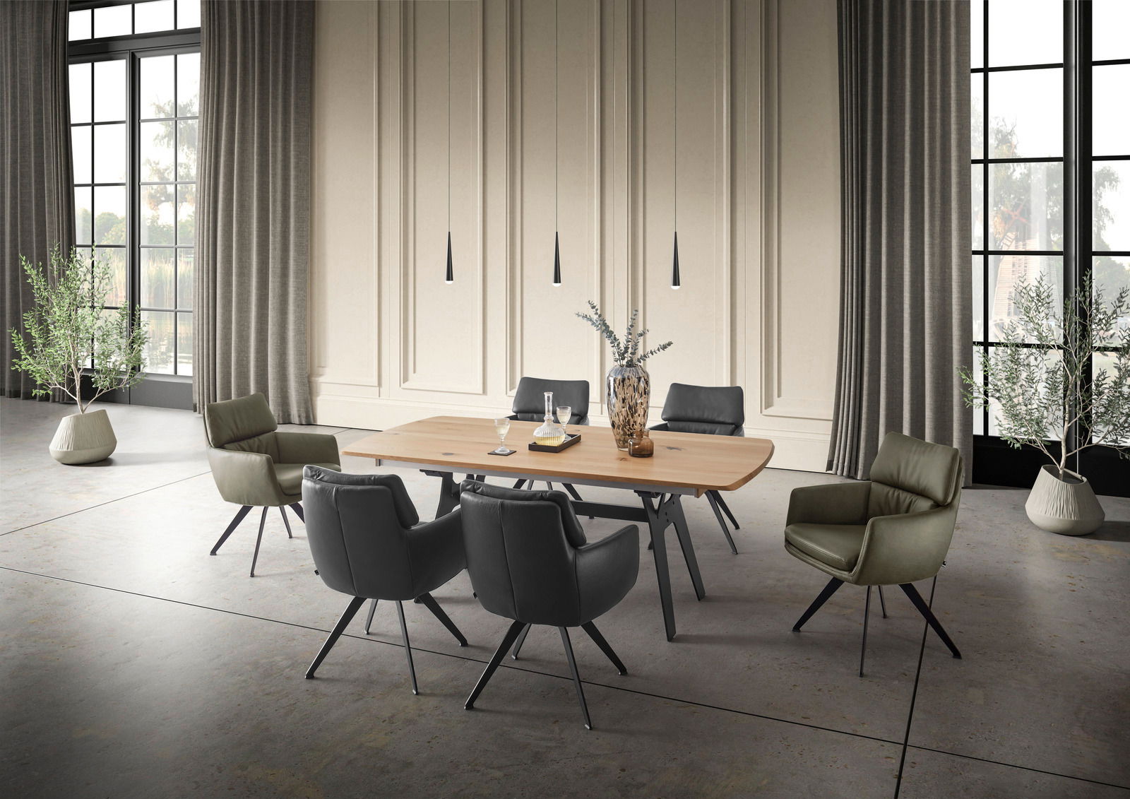 WK-Wohnen Esstisch (200) WK 852 Moderner Esstisch in einem eleganten Raum mit sechs gepolsterten Stühlen, frontal aufgenommen.