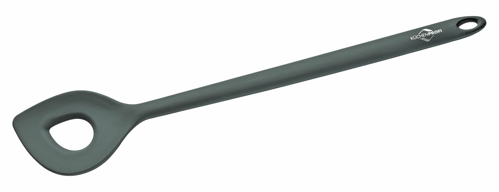 Grauer Rührlöffel aus Kunststoff mit Loch im Löffelkopf, seitliche Perspektive