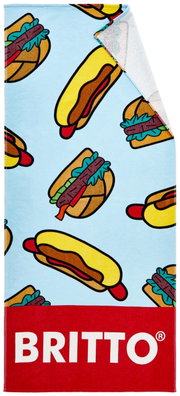 Veloursdoek met een kleurrijk hotdogpatroon en een groot Britto-logo, gezien van bovenaf.