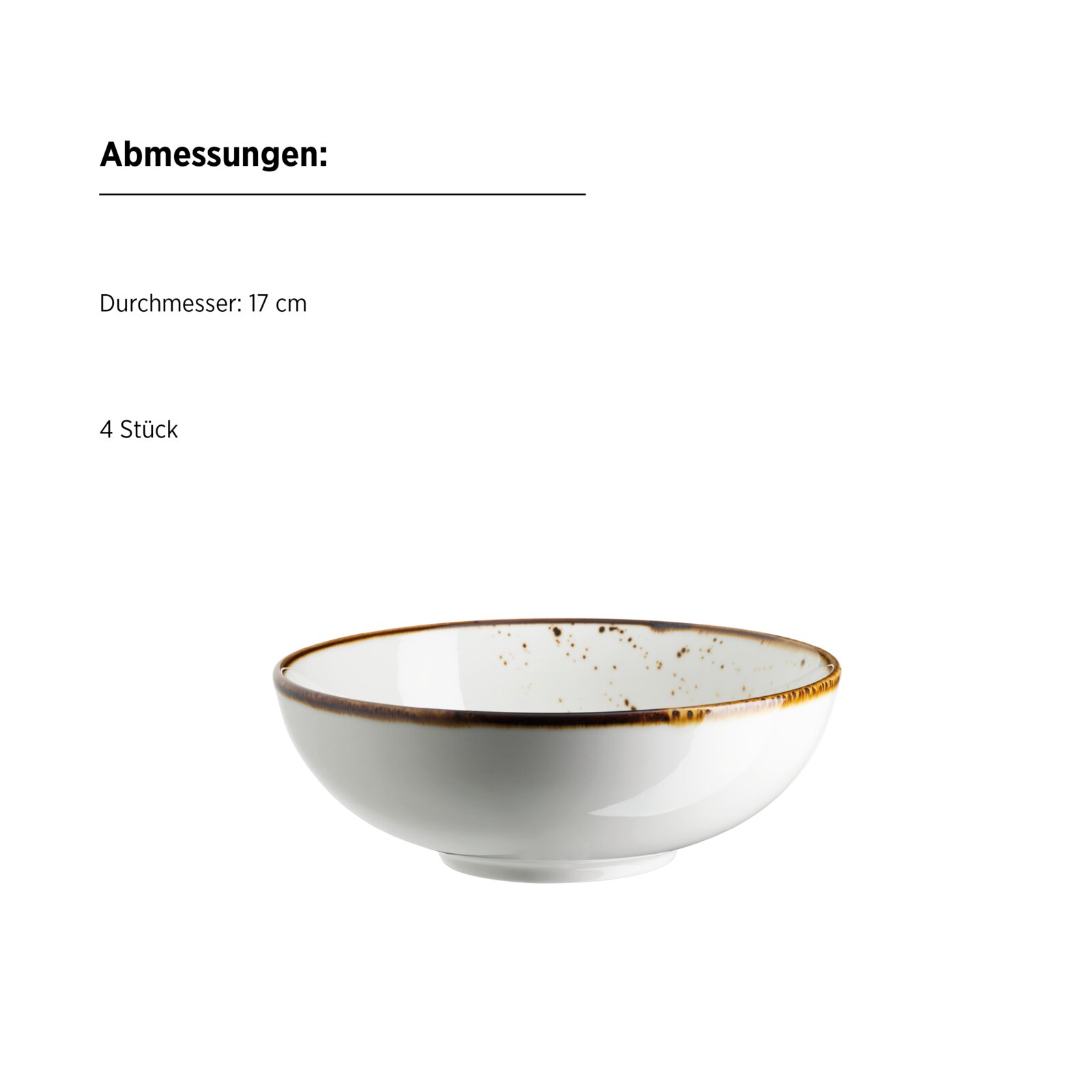 Weiße Keramikschale mit braun gesprenkeltem Rand, Durchmesser 17 cm, Produktfoto in leicht schräger Frontansicht auf weißem Hintergrund