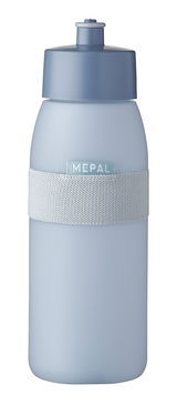 Blaue Sporttrinkflasche Ellipse mit grauem Band und Mepal-Logo, Frontalansicht