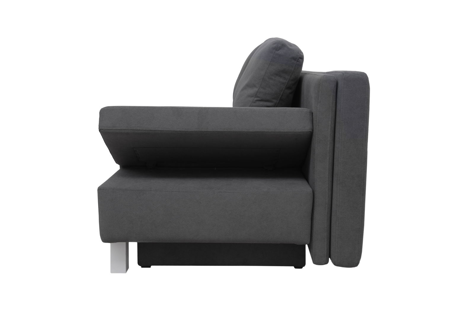 Seitenansicht eines grauen Funktionssofas mit hochgeklappter Sitzfläche.