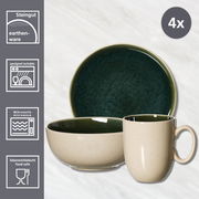 Frontalansicht eines 12-teiligen Frühstückssets aus Steingut in Dunkelgrün von Ritzenhoff & Breker, bestehend aus Teller, Schale und Tasse. Geeignet für Mikrowelle und spülmaschinenfest.