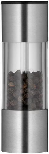 Minimühle aus Edelstahl mit transparentem Mittelteil, gefüllt mit Pfefferkörnern, in Frontalansicht.
