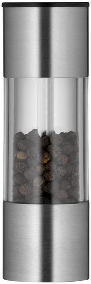 Minimühle aus Edelstahl mit transparentem Mittelteil, gefüllt mit Pfefferkörnern, in Frontalansicht.