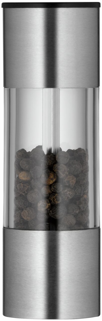 Minimühle aus Edelstahl mit transparentem Mittelteil, gefüllt mit Pfefferkörnern, in Frontalansicht.