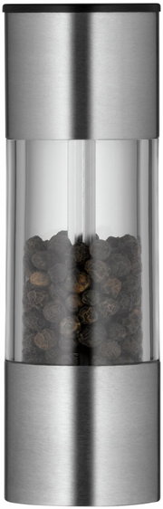 Minimühle aus Edelstahl mit transparentem Mittelteil, gefüllt mit Pfefferkörnern, in Frontalansicht.