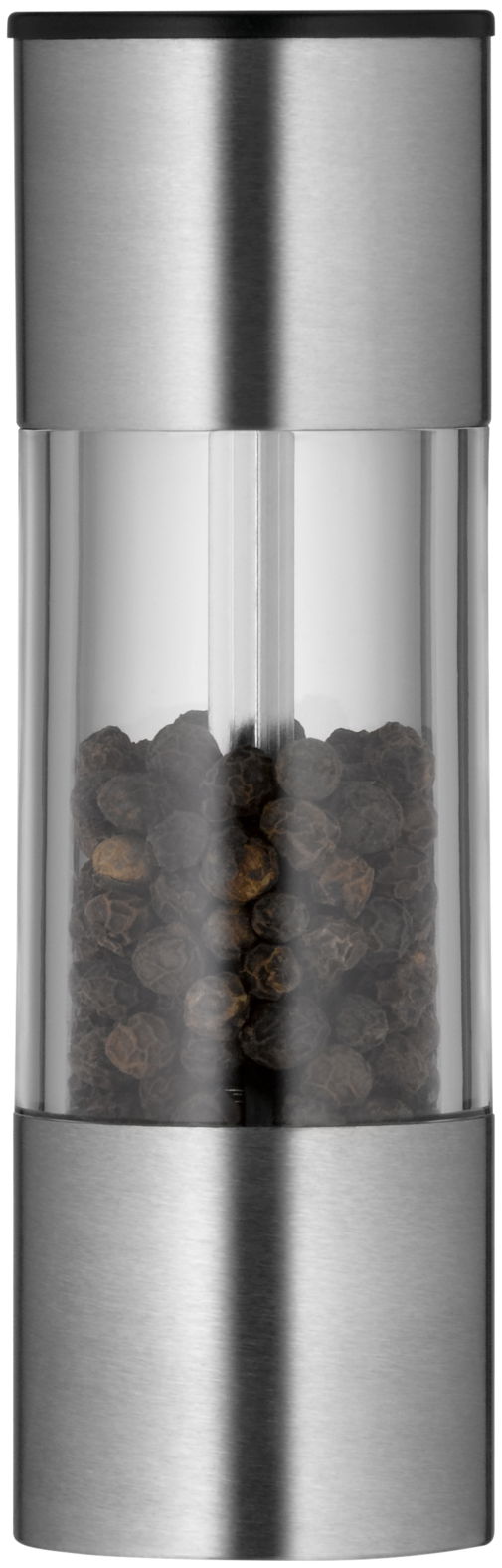 Minimühle aus Edelstahl mit transparentem Mittelteil, gefüllt mit Pfefferkörnern, in Frontalansicht.