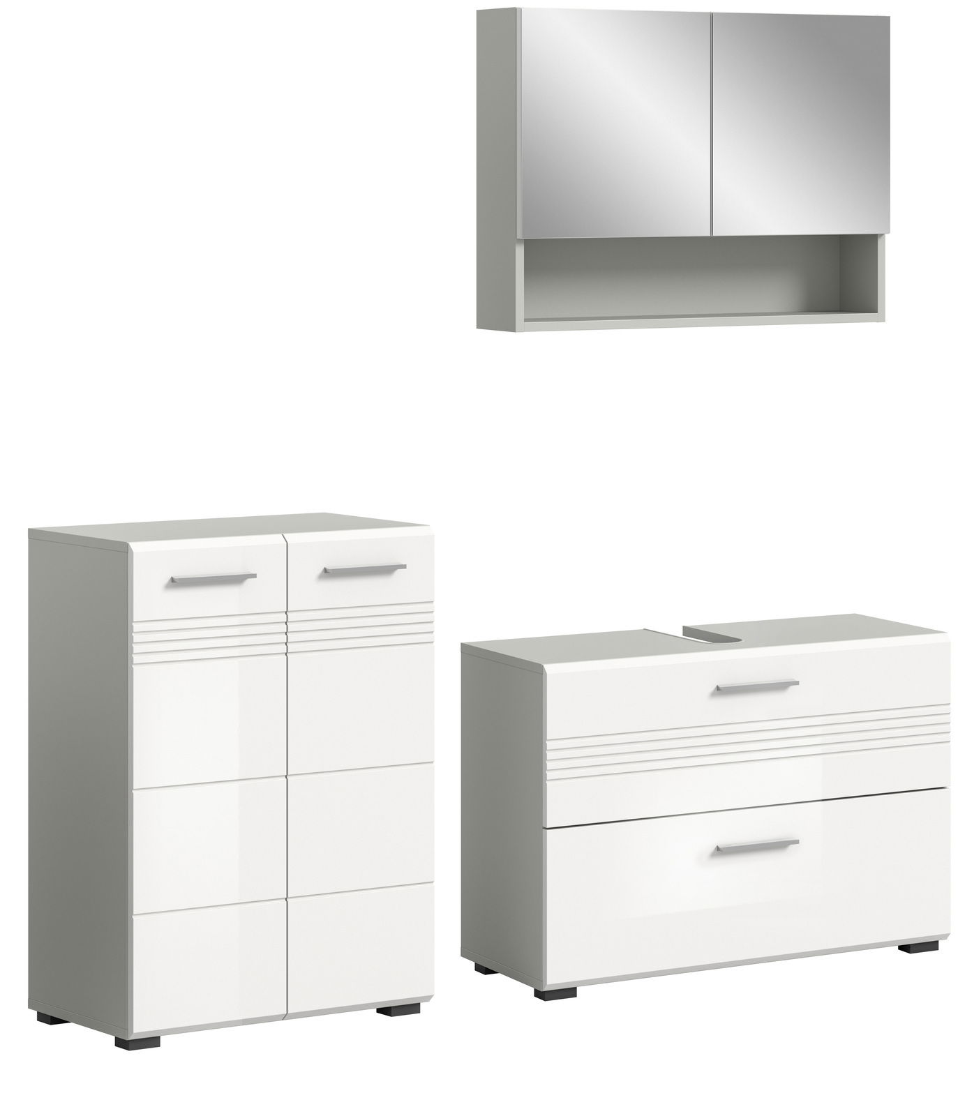 MID.YOU Badkombination COPA Moderne Badkombination bestehend aus einem Hängeschrank mit Spiegel, einem hohen Schrank und einem Waschtischunterschrank, alle in weißem Hochglanzdesign. Frontalansicht.