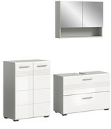 Moderne Badkombination bestehend aus einem Hängeschrank mit Spiegel, einem hohen Schrank und einem Waschtischunterschrank, alle in weißem Hochglanzdesign. Frontalansicht.