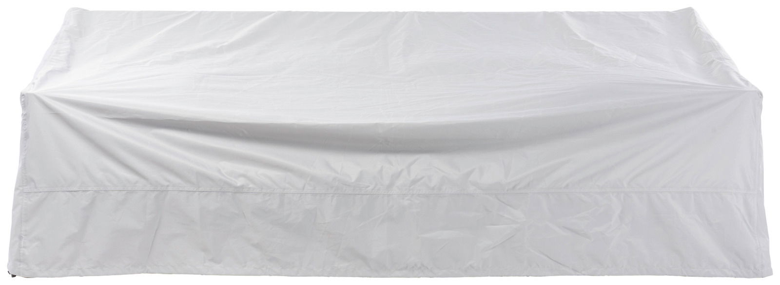 Weiße Schutzhülle für einen 3-Sitzer, frontal fotografiert.