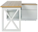 Eck-Schreibtisch aus Holz mit weißem Gestell und Schubladen, seitliche Perspektive