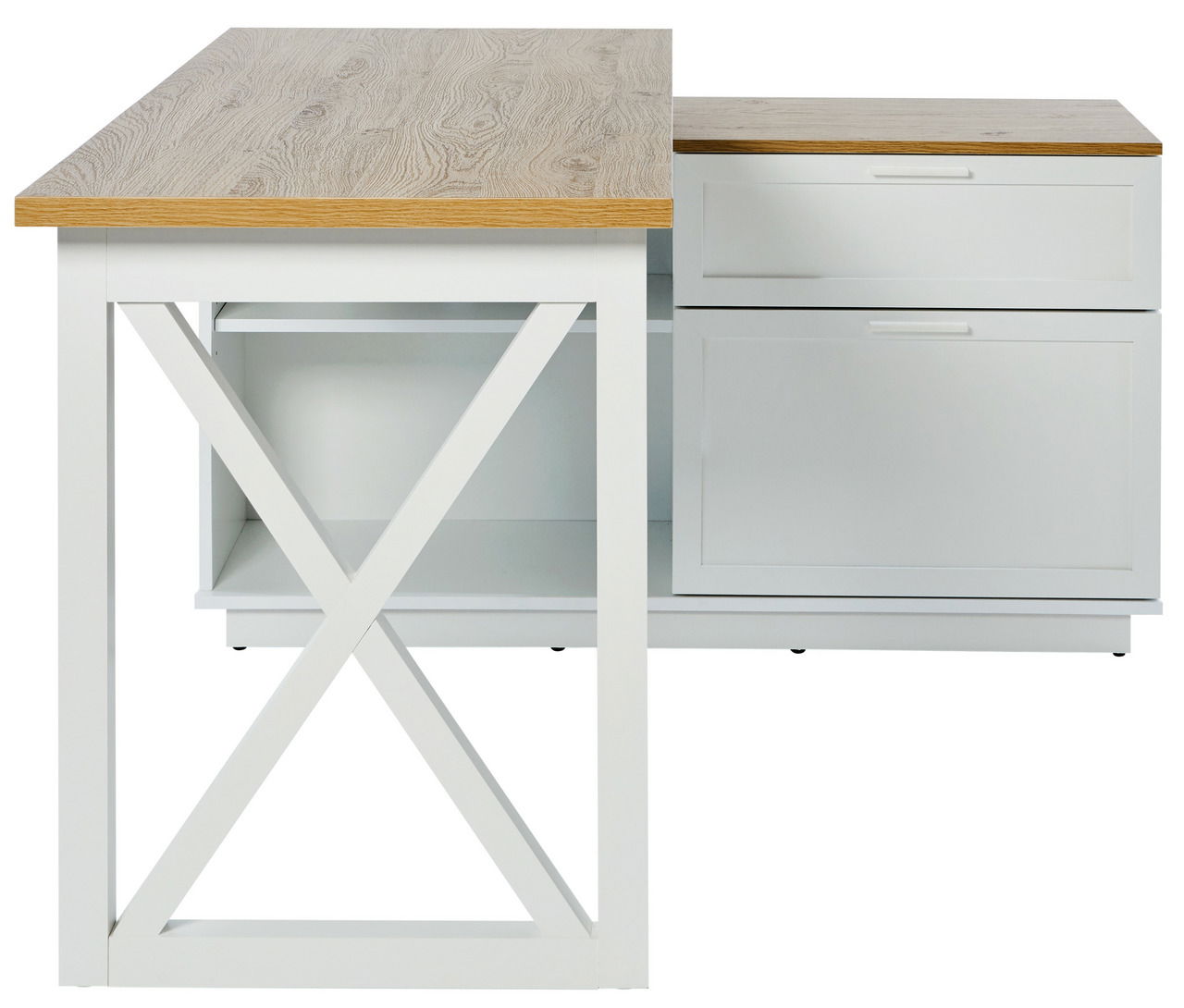 Eck-Schreibtisch aus Holz mit weißem Gestell und Schubladen, seitliche Perspektive