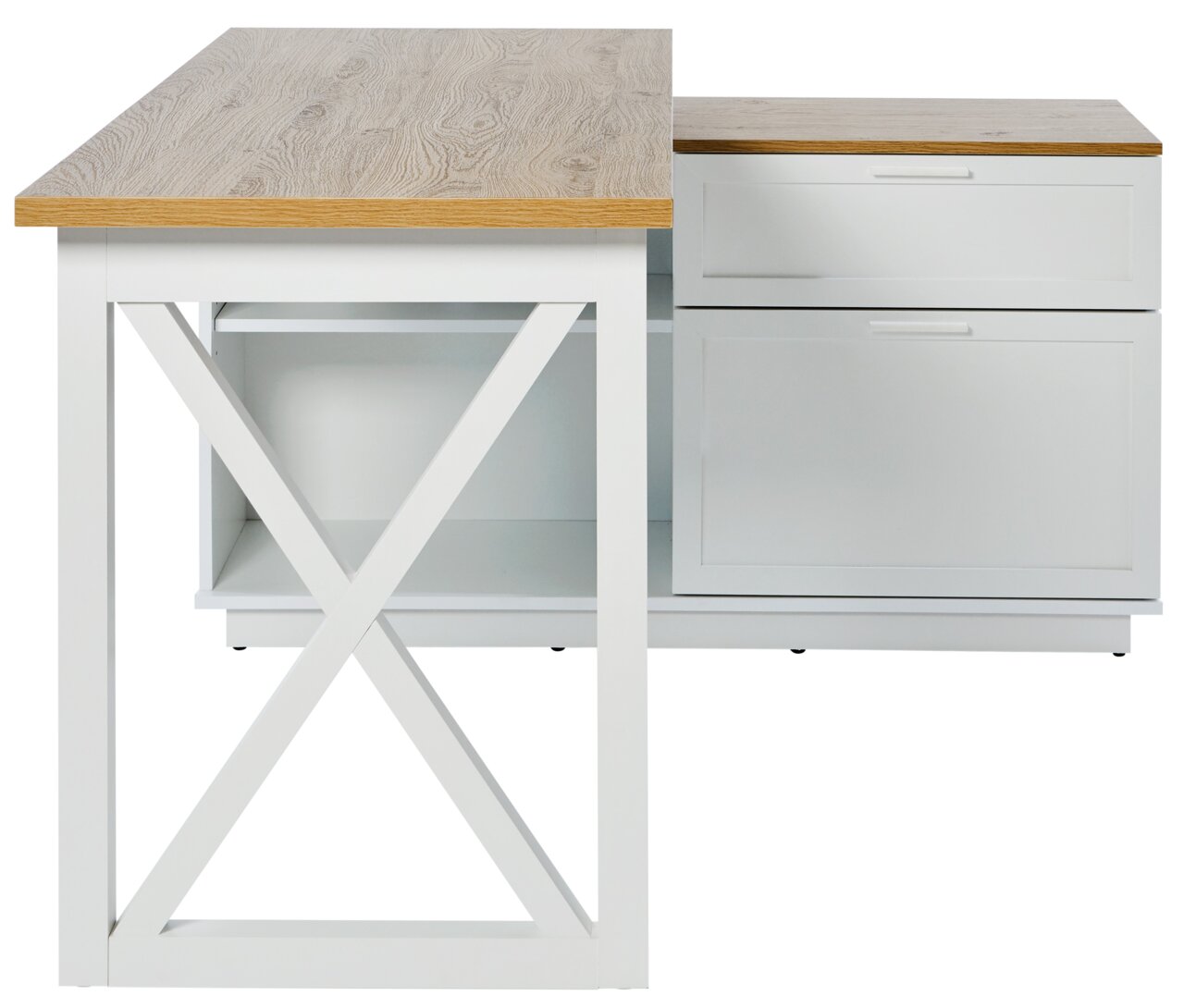 Eck-Schreibtisch aus Holz mit weißem Gestell und Schubladen, seitliche Perspektive
