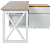 Eck-Schreibtisch aus Holz mit weißem Gestell und Schubladen, seitliche Perspektive