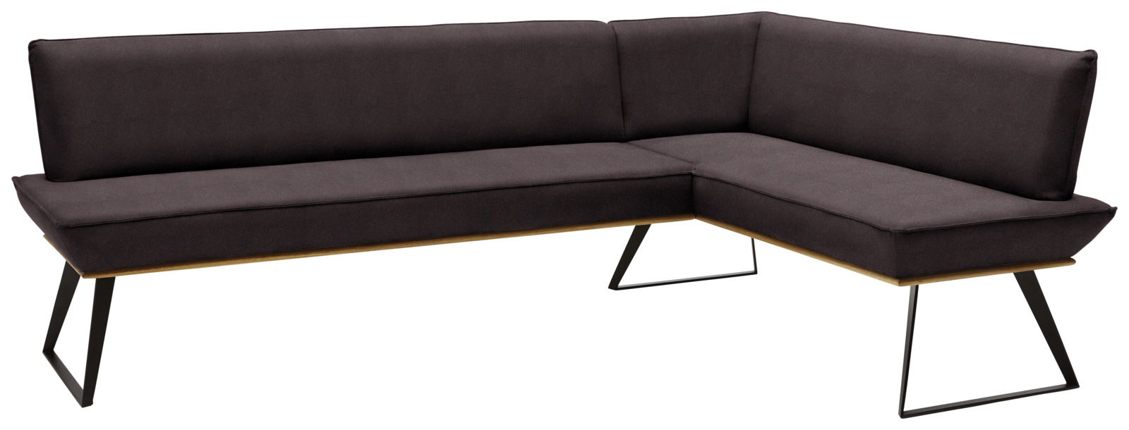 Moderne Eckbank in dunklem Stoffbezug mit Metallbeinen, Perspektive von vorne links