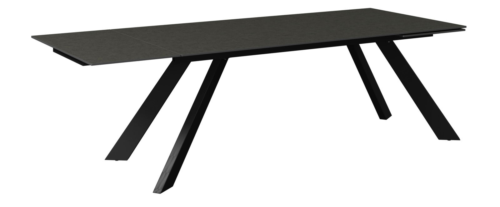 Moderner schwarzer Gartentisch mit schrägen Beinen, seitliche Perspektive