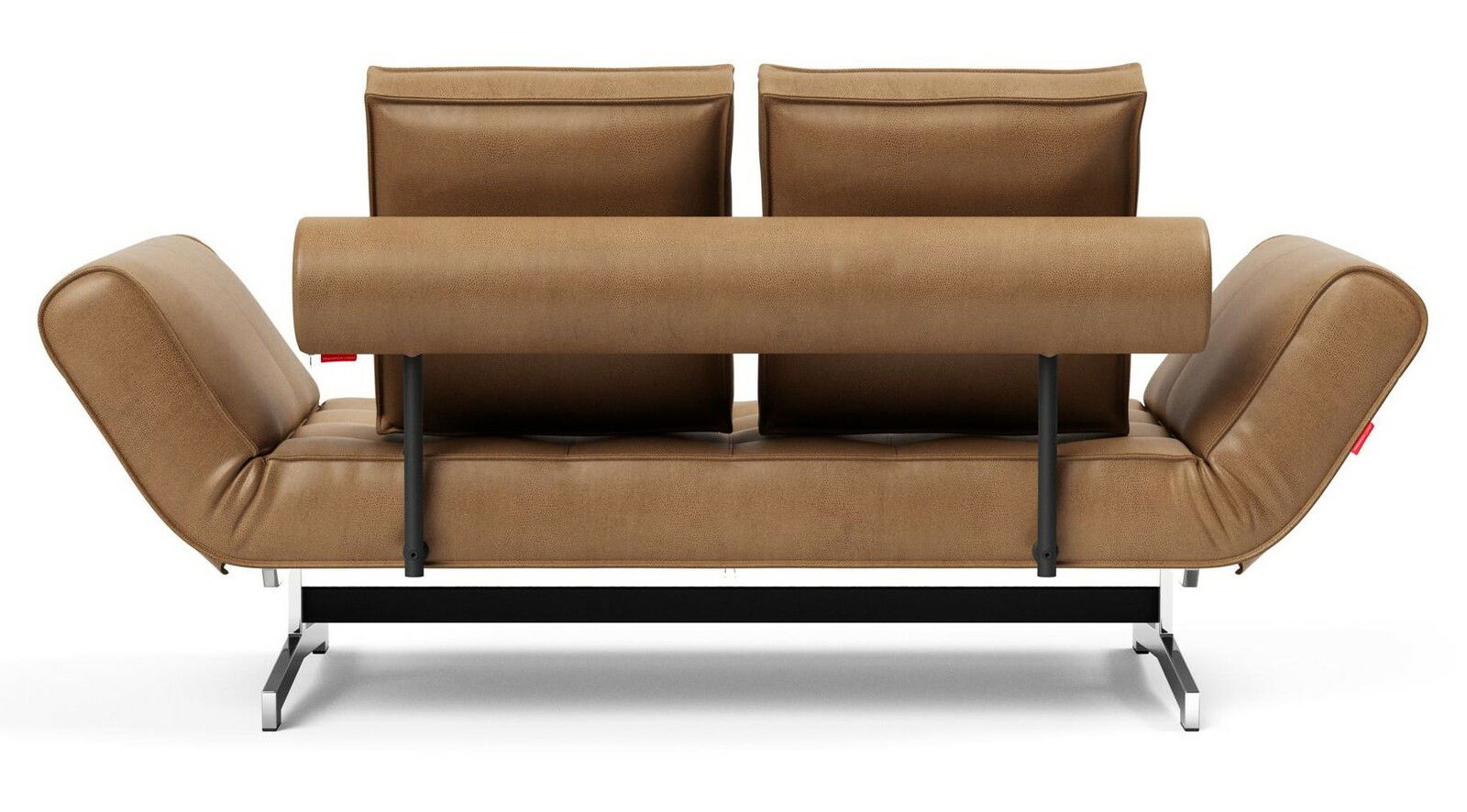 Rückansicht eines braunen Funktionssofas mit verstellbaren Rückenlehnen und Metallgestell.