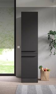 Moderner, schwarzer Vorratsschrank in einer Küche, frontal betrachtet, neben einem Fenster mit Jalousien und einer hängenden Pflanze.