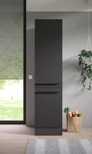 Moderner, schwarzer Vorratsschrank in einer Küche, frontal betrachtet, neben einem Fenster mit Jalousien und einer hängenden Pflanze.