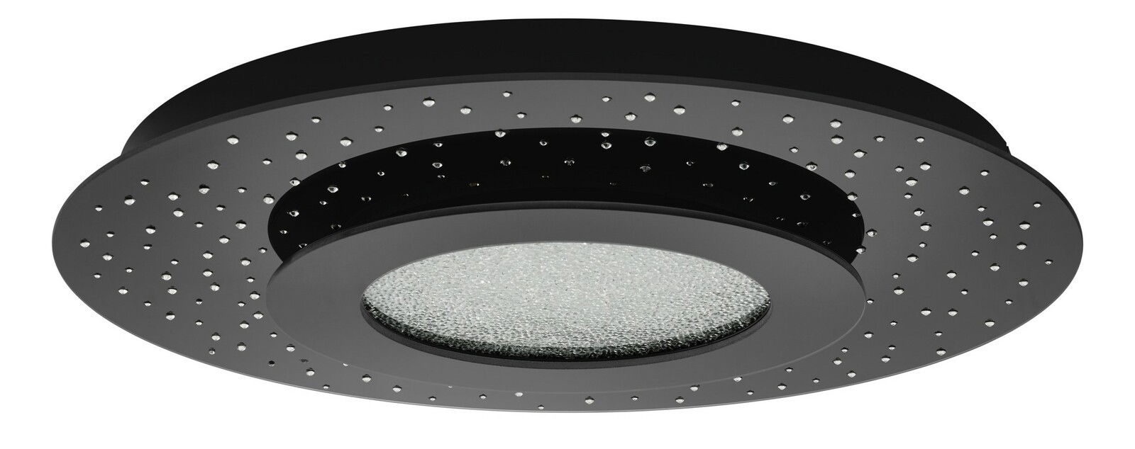 Moderne LED-Deckenleuchte in schwarzer Farbe mit dekorativen Löchern, seitliche Perspektive