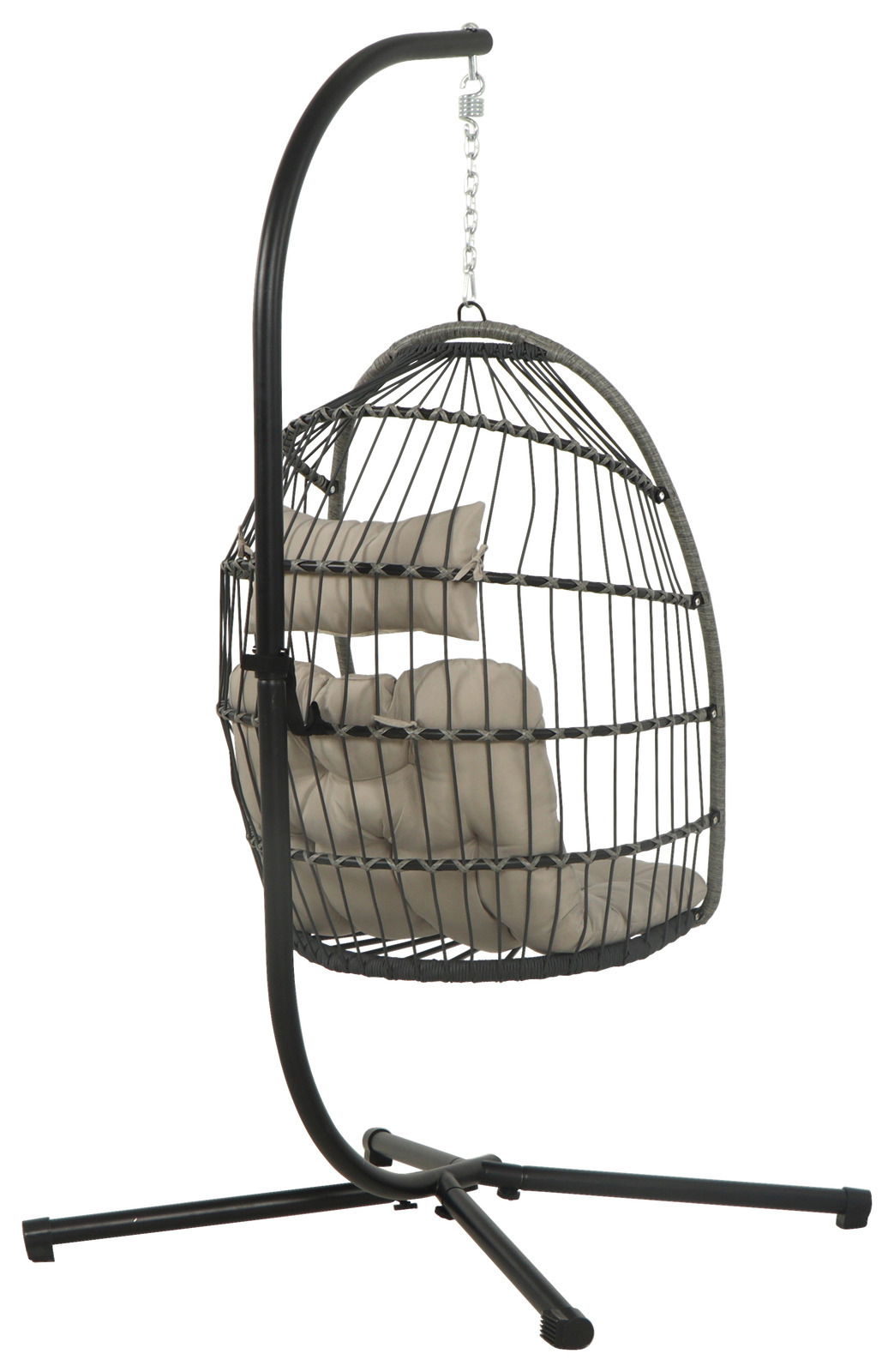 Moderner Hängesessel mit Metallgestell und bequemen Kissen, seitliche Perspektive