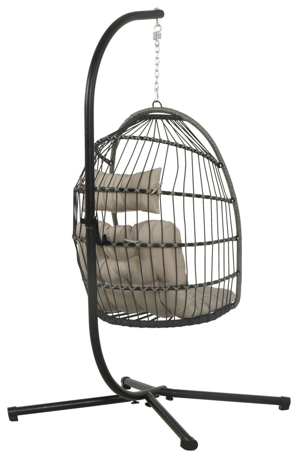 Moderner Hängesessel mit Metallgestell und bequemen Kissen, seitliche Perspektive