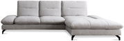 Graues Ecksofa mit drei Rückenkissen und einer Ottomane auf der rechten Seite, Vorderansicht.