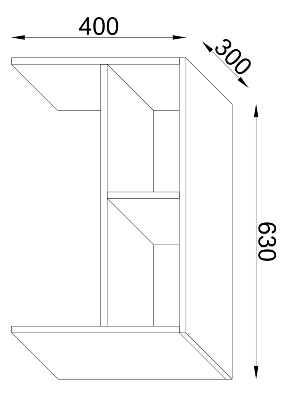 Technische Seitenansicht (Profil) eines wandmontierten Regals/Schranks mit Maßangaben: Breite 400 mm, Tiefe 300 mm, Höhe 630 mm.