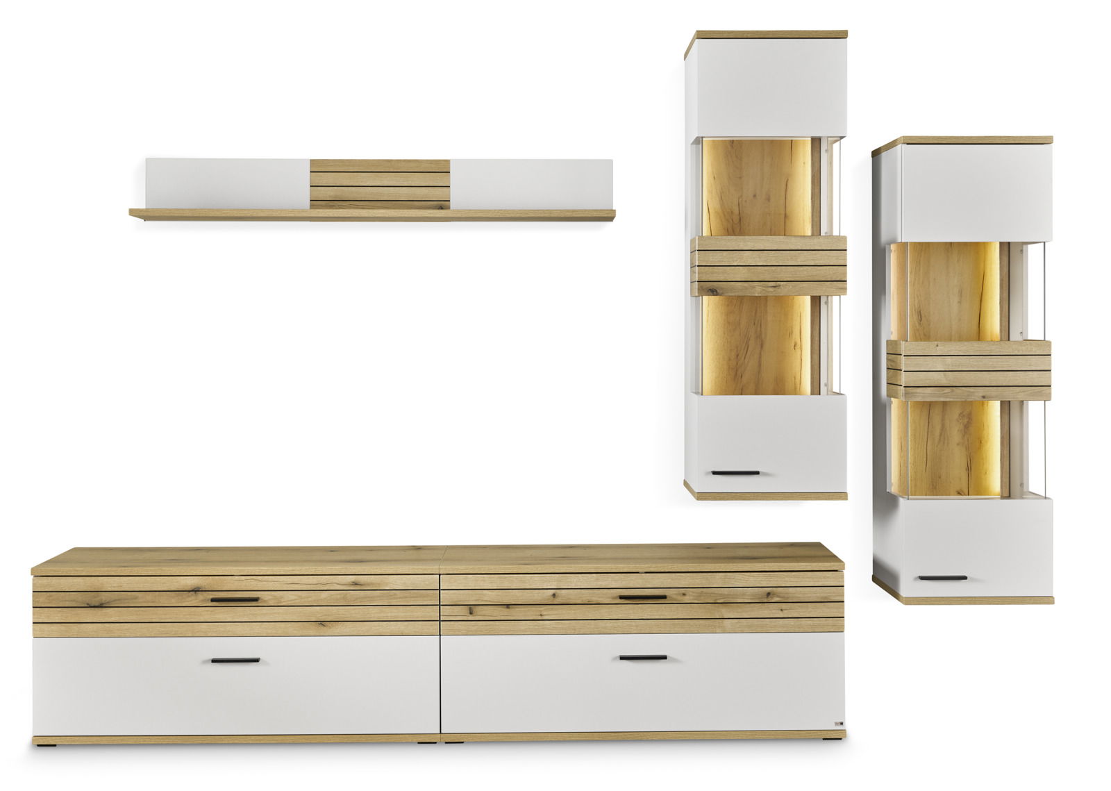 Modernes Wandboard-Set in Holzoptik und Weiß, bestehend aus einem langen Regal und zwei vertikalen Schränken, frontal betrachtet.