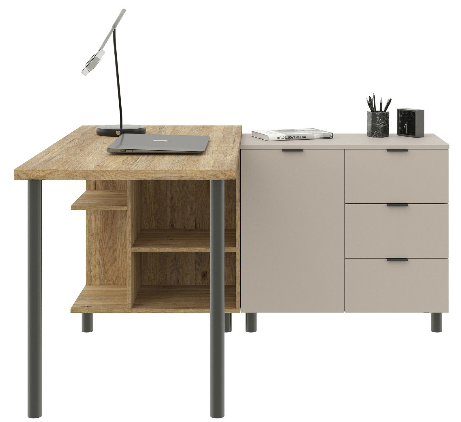 Eck-Schreibtischkombination mit Holzoberfläche und Metallbeinen, linksseitige Regalfächer und rechtsseitige Schubladen, seitliche Perspektive