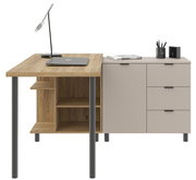 Eck-Schreibtischkombination mit Holzoberfläche und Metallbeinen, linksseitige Regalfächer und rechtsseitige Schubladen, seitliche Perspektive