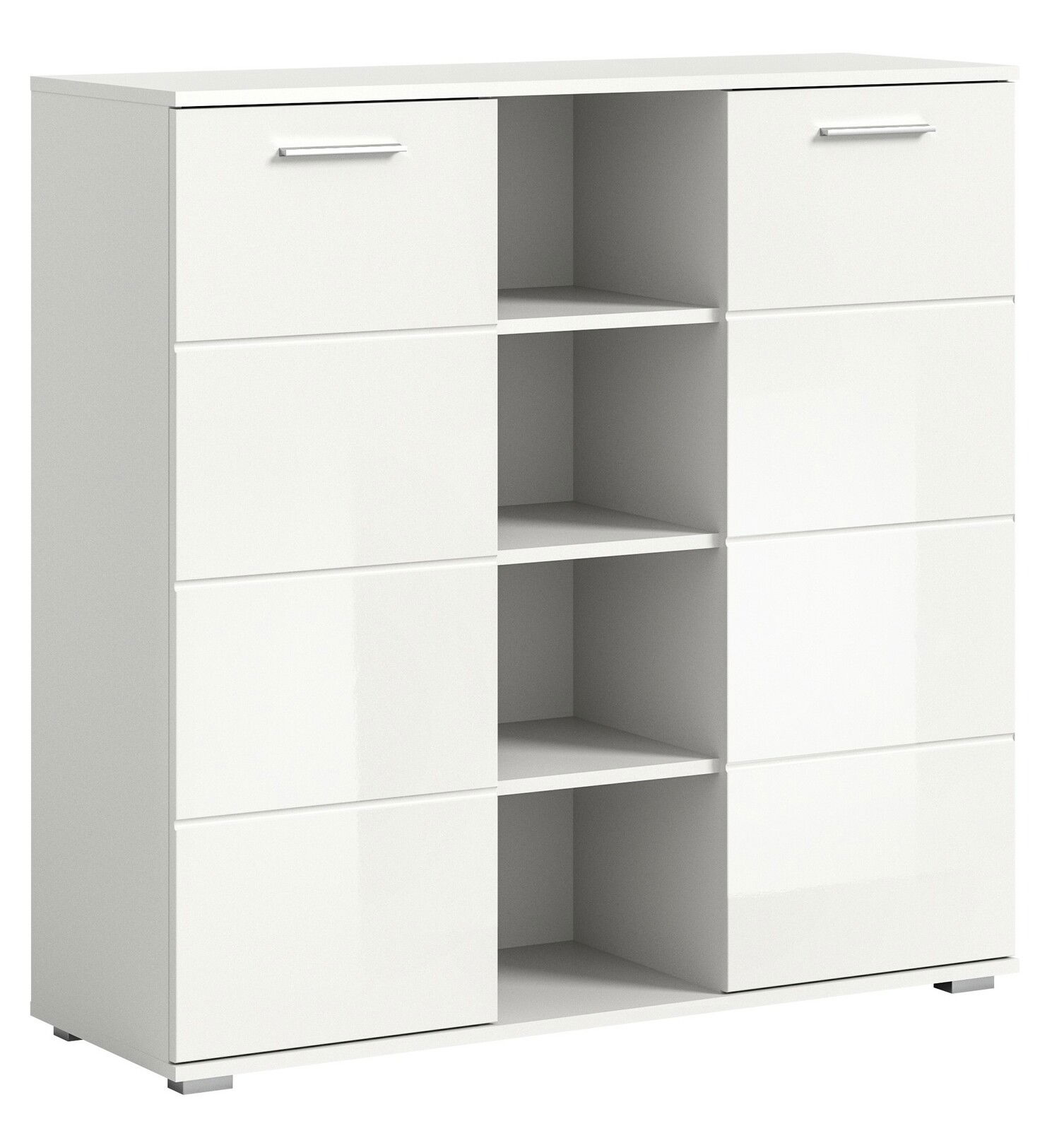 MID.YOU Kommode PREGO Weiße Kommode mit mehreren Schubladen und offenen Regalfächern, seitliche Perspektive