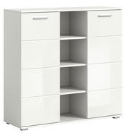 Weiße Kommode mit mehreren Schubladen und offenen Regalfächern, seitliche Perspektive