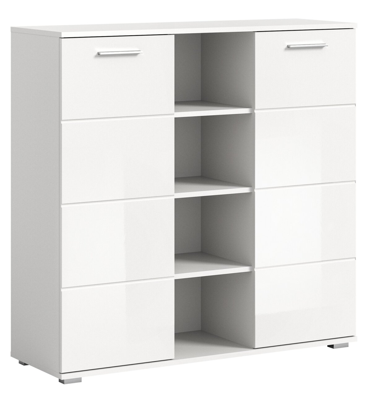 Weiße Kommode mit mehreren Schubladen und offenen Regalfächern, seitliche Perspektive