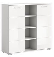 Weiße Kommode mit mehreren Schubladen und offenen Regalfächern, seitliche Perspektive