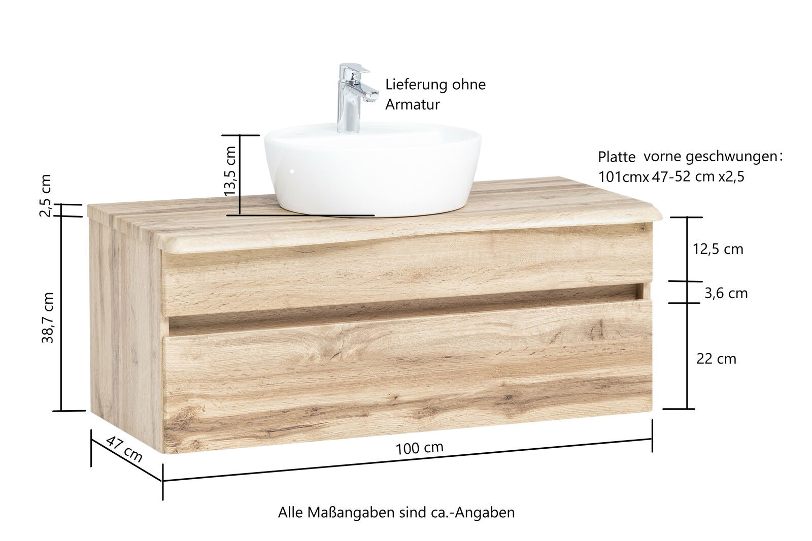 Waschtisch-Set aus Holz mit weißem Aufsatzwaschbecken, seitliche Perspektive, Lieferung ohne Armatur