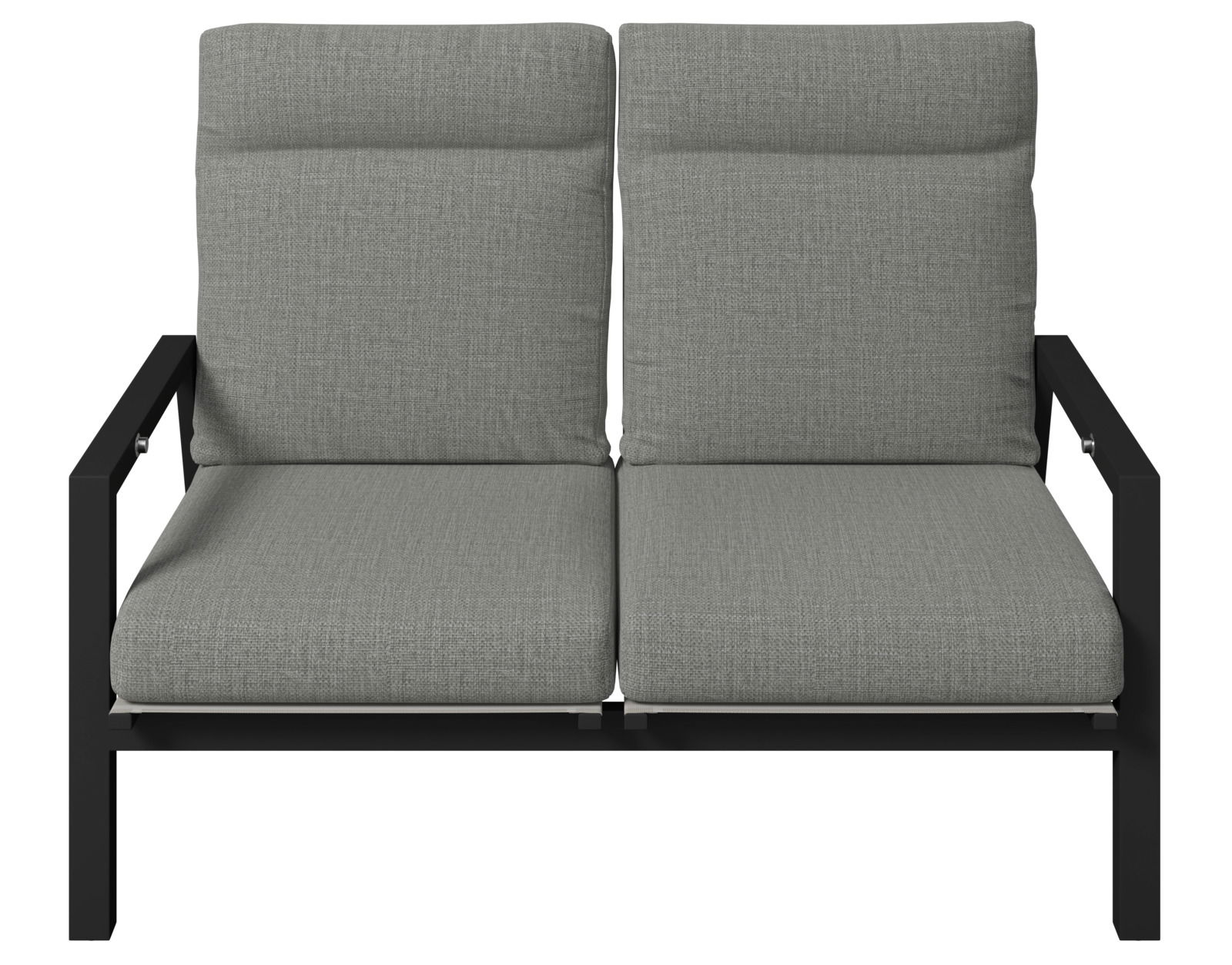 Gartenbank 2er mit grauen Kissen und schwarzem Metallrahmen, Frontalansicht