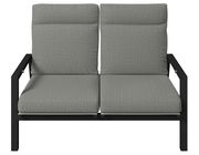 Gartenbank 2er mit grauen Kissen und schwarzem Metallrahmen, Frontalansicht